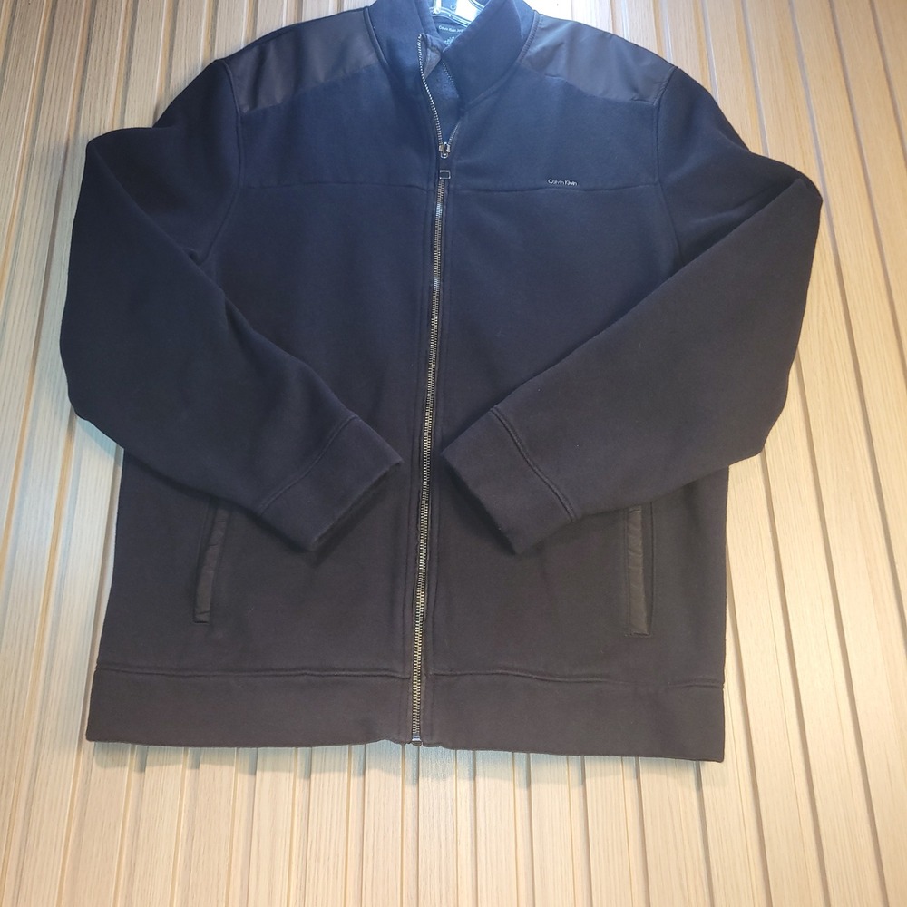 Calvin Klein Jeans Mens Black Full Zip Fleece Jacket Mock Neck RN 36543 Large